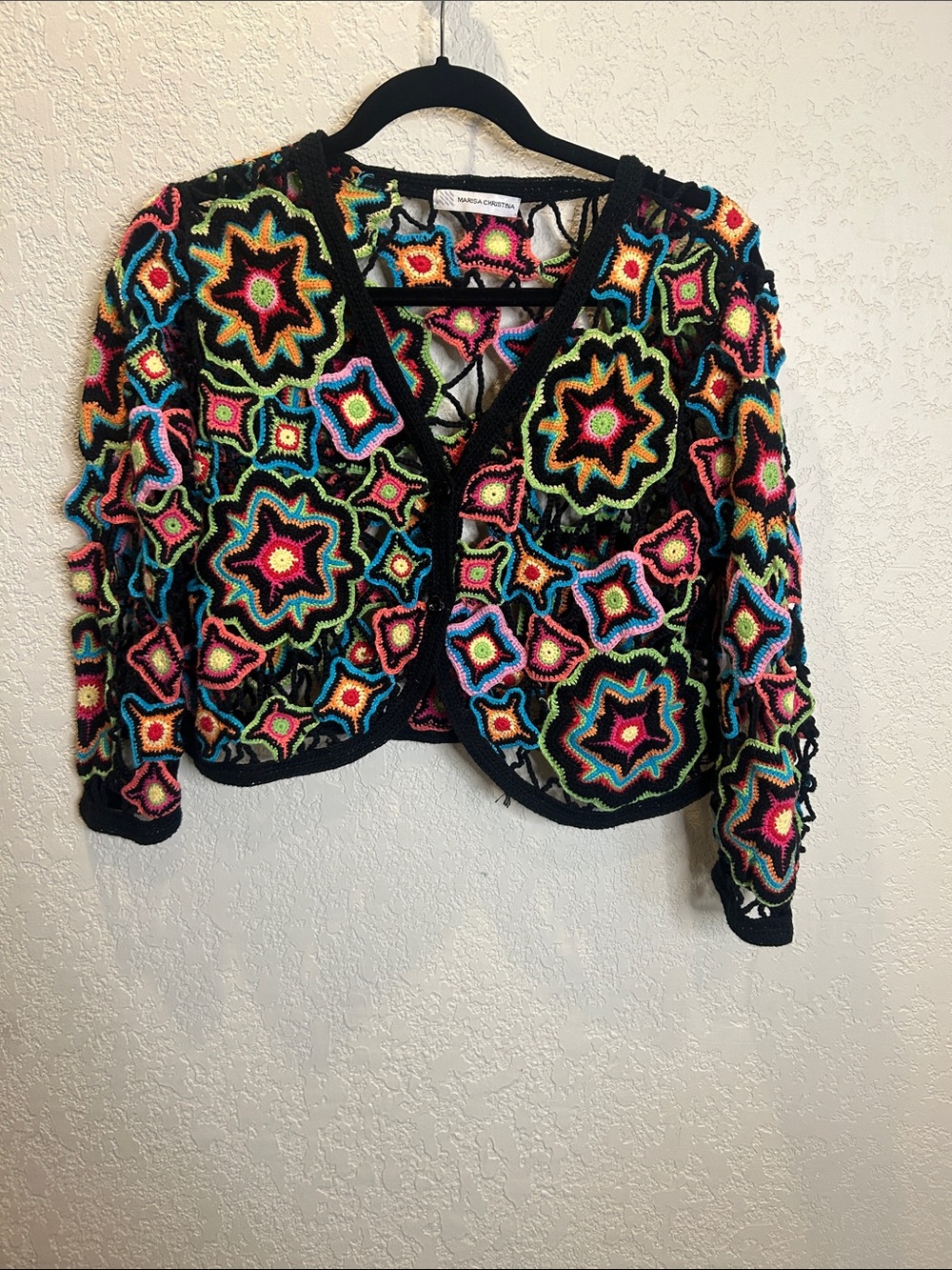 Marisa Christina Multicolor Crochet V-Neck Cardigan with Black Trim